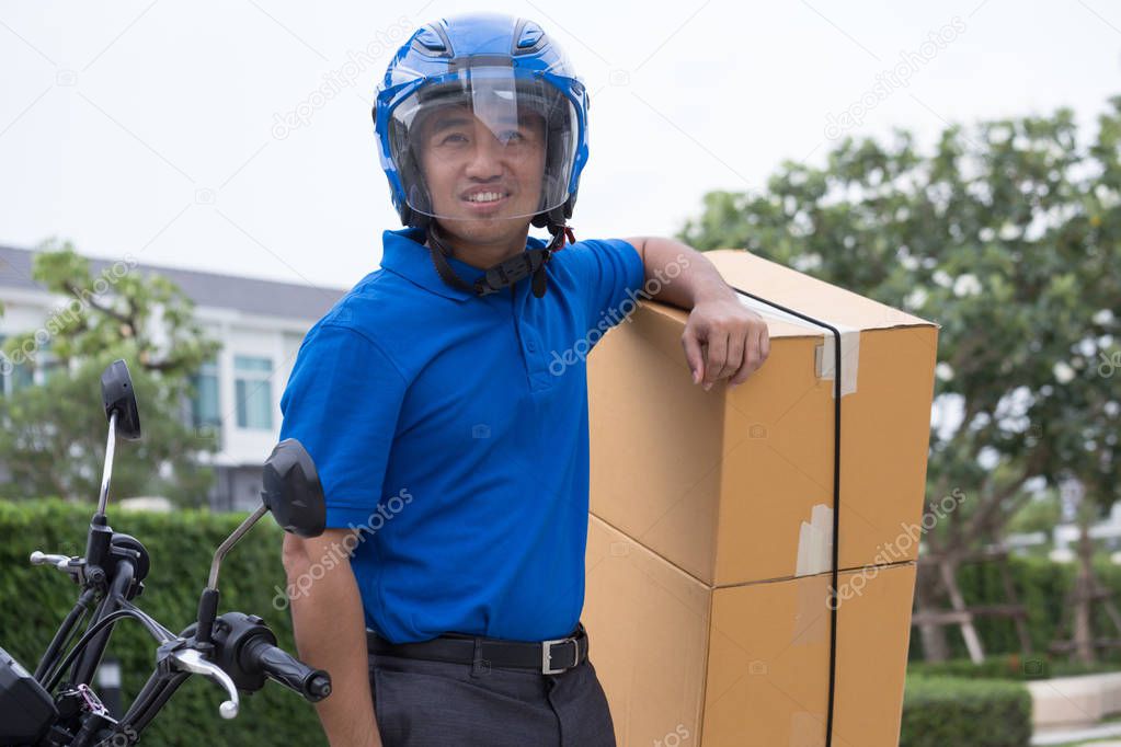 Courier man and delivery service by motorcycle, Deliveryman ride motorbike for transport goods, Express and fast shipping vehicle