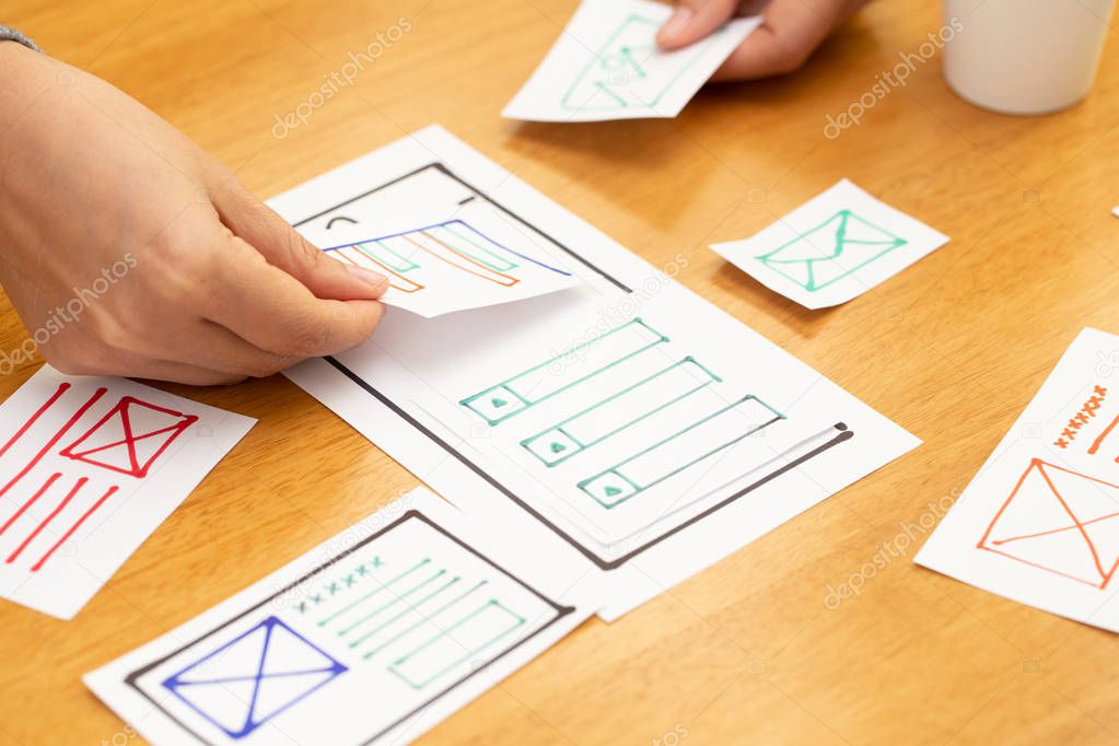 UX Graphic designer creative sketch and planning prototype wireframe for web mobile phone. Application development and user experience concept