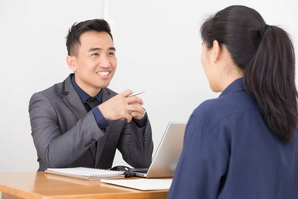 Job interview, Asian businessman listen to candidate answers during recruiting personnel to work with the company, Hiring recruitment process or human resource or HR management concept