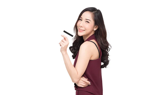 Ung Vacker Asiatisk Kvinna Ler Visar Visar Upp Kreditkort För — Stockfoto