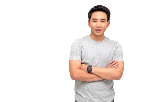 Portrait of Asian man with arms crossed and smile isolated over white background — Stock Photo, Image