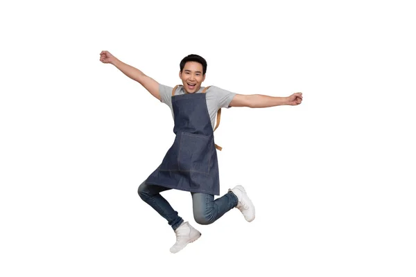 Startup successful small business owner man sme jumping isolated on white background, Asian man barista cafe local owner of coffee shop restaurant — Stock Photo, Image