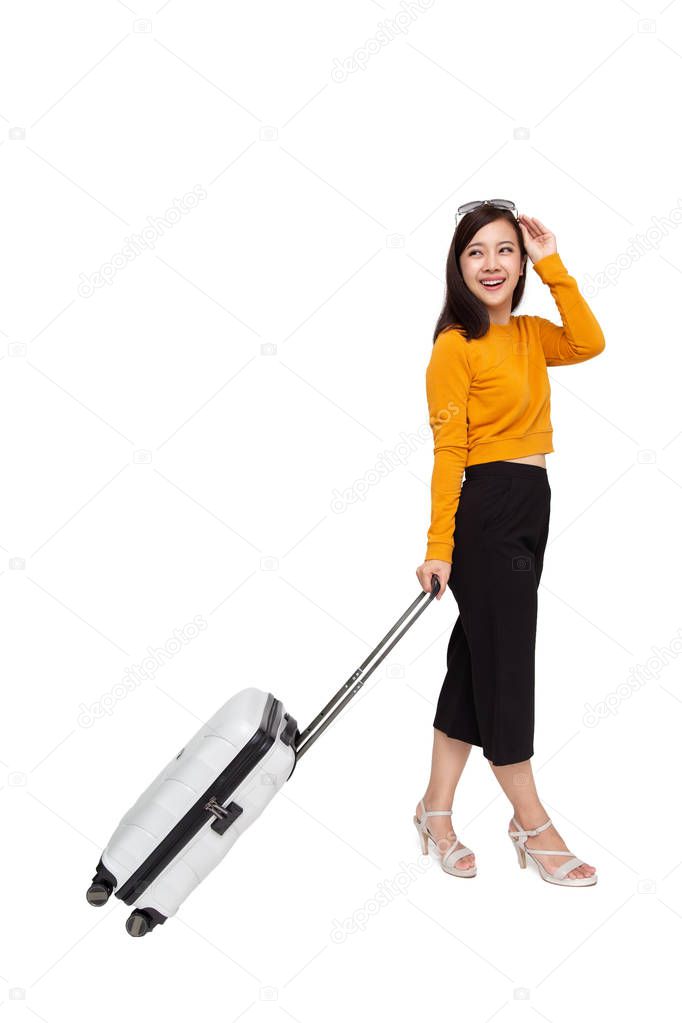 Happy Asian woman girl with suitcase isolated on white background