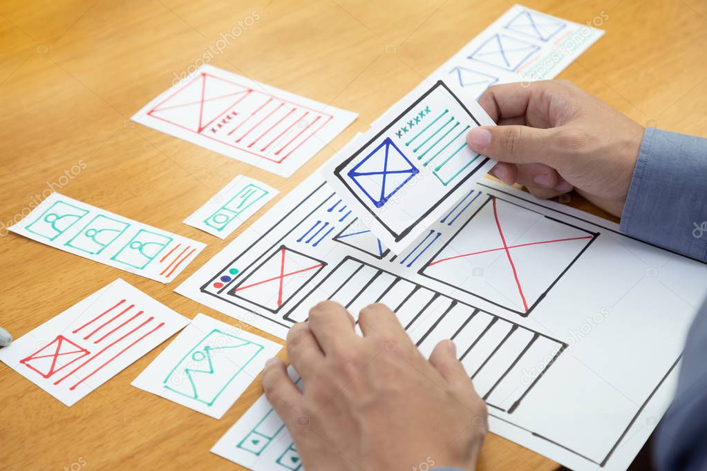 UX Graphic designer creative sketch and planning prototype wireframe for web mobile phone. Application development and user experience concept