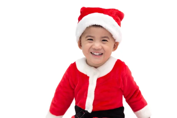 Szczęśliwy azjatycki chłopiec śmiać się i zabawy w Boże Narodzenie kostium Święty Mikołaj izolowany na białym tle — Zdjęcie stockowe