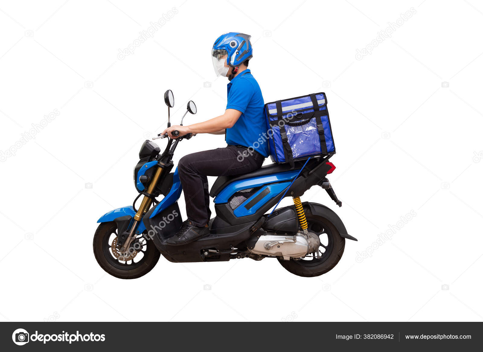 Delivery Man Wearing Blue Uniform Riding Motorcycle Delivery Box