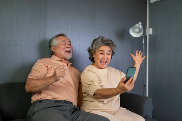 Asiática Pareja Ancianos Hablando Video Llamada Chat Teléfono Móvil Tecnología — Foto de Stock