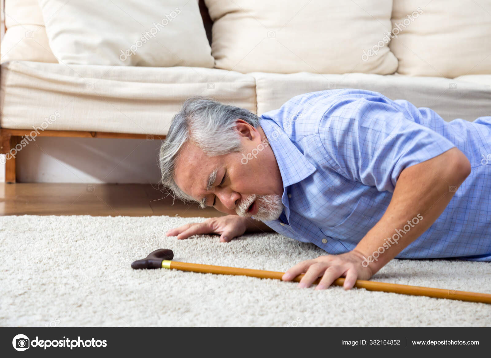 Asian Senior Man Falling Carpet Lying Floor Living Room Home Stock