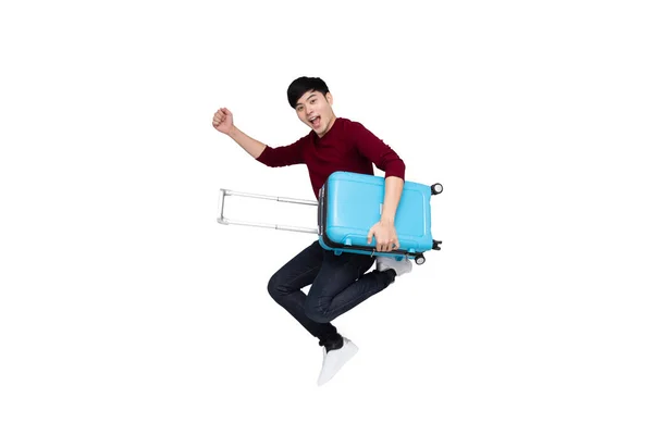 Joven Hombre Asiático Saltando Con Maleta Bolsa Viaje Aislado Sobre — Foto de Stock