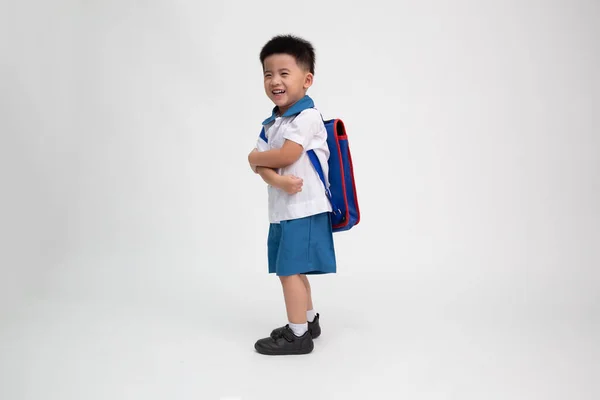 Alegre Sonriente Asiático Pequeño Niño Estudiante Uniforme Con Mochila Tener —  Fotos de Stock