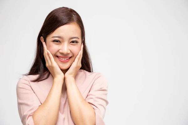 Portrait Excited Screaming Young Asian Woman Standing Pink Dress Isolated — Stock Photo, Image