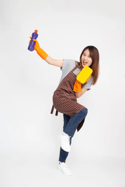 Portrait Jeune Femme Asiatique Portant Des Gants Caoutchouc Orange Pour — Photo