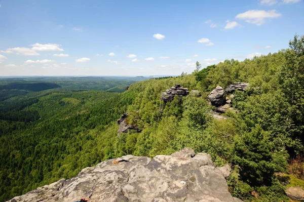Ormanlar, çayırlar, kayalar ve gökyüzü olan yaz manzarası