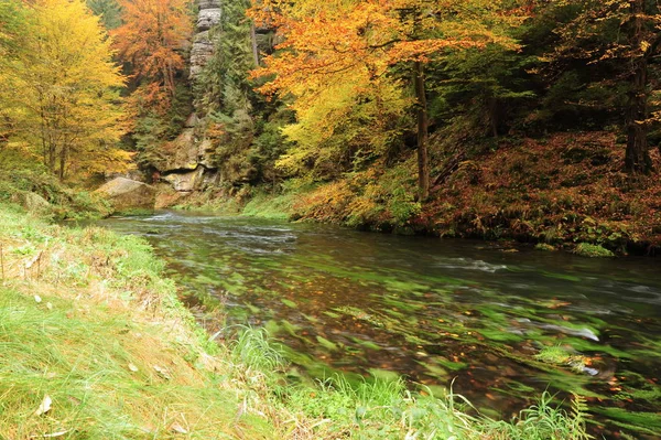 Φθινόπωρο Χρωματιστά Φύλλα Δέντρα Βράχια Γύρω Από Πανέμορφο Ποτάμι — Φωτογραφία Αρχείου