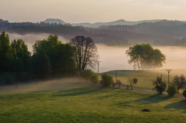 Paisaje Otoñal Con Colinas Bosques Niebla Soleada Mañana —  Fotos de Stock