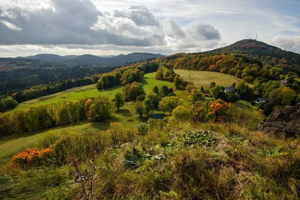 Autumn Colorful Landscape Forests Hills Sun Sky — Stock Photo, Image