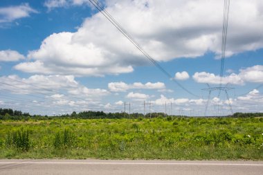 Yüksek voltajlı elektrik hatları ve uzak santral (Npp) yaz manzara, Ukrayna