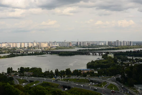 Kiev Ucrânia Julho 2019 Top View Dnipro River Highway Intersection — Fotografia de Stock