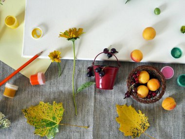 Üstten görünüm, sonbahar, yaz yüklemesinde beyaz bir tuval sanat malzemeleri, taze çiçek ve meyve,