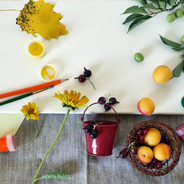 Üstten görünüm, sonbahar, yaz yüklemesinde beyaz bir tuval sanat malzemeleri, taze çiçek ve meyve,