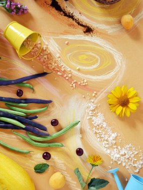 Sebze, yeşillik, baharat, çiçekler ve deniz tuzu pastel boya kalemi ile üstten görünüm boyalı turuncu kağıt üzerinde dekoratif kompozisyon