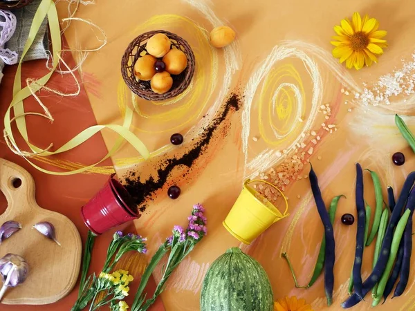 Sebze, yeşillik, baharat, çiçekler ve deniz tuzu pastel boya kalemi ile üstten görünüm boyalı turuncu kağıt üzerinde dekoratif kompozisyon