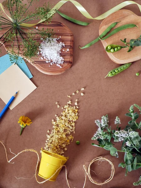 Dekoratif bileşimi yeşil bezelye, baharatlı Yeşiller ve deniz tuzu kahverengi zemin, üstten görünüm