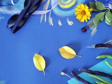  Boyalı sarı çiçekler, yapraklar, kuşkonmaz fasulye, meyve, kağıt üzerinde mavi renkli kağıt, renkli dekoratif sonbahar bileşimi pastel boya kalemi ile üstten görünüm