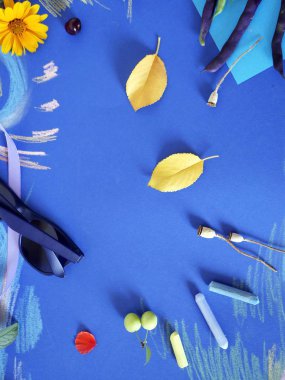  Boyalı sarı çiçekler, yapraklar, kuşkonmaz fasulye, meyve, kağıt üzerinde mavi renkli kağıt, renkli dekoratif sonbahar bileşimi pastel boya kalemi ile üstten görünüm