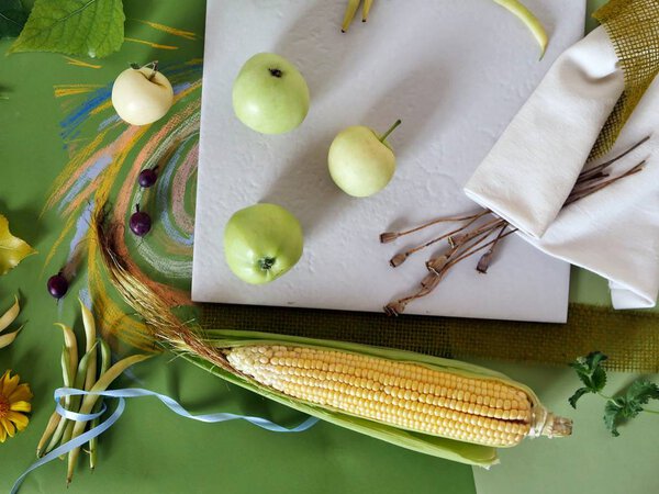 Декоративный состав овощей, фруктов, листьев на холсте, белая плитка и зеленый фон, окрашенный пастелью, вид сверху
