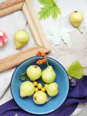 Görünüm parlak renkli meyve, çiçek ve yaprak yüzeyi farklı dokular, mevsimlik dekoratif kompozisyon, sonbahar, top