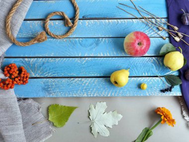 Görünüm parlak renkli meyve, çiçek ve yaprak yüzeyi farklı dokular, mevsimlik dekoratif kompozisyon, sonbahar, top