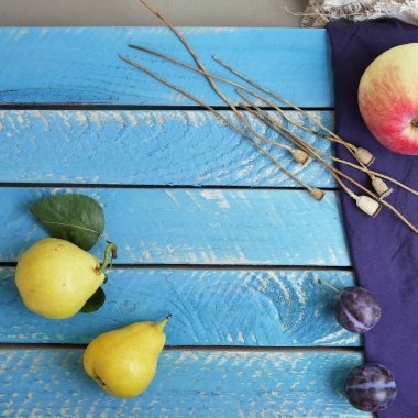 Görünüm parlak renkli meyve, çiçek ve yaprak yüzeyi farklı dokular, mevsimlik dekoratif kompozisyon, sonbahar, top