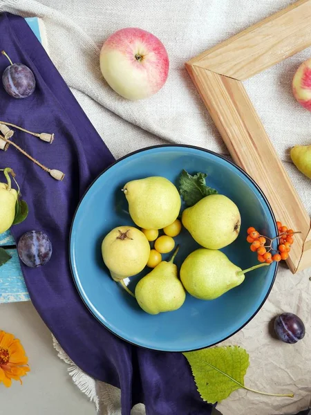 Görünüm parlak renkli meyve, çiçek ve yaprak yüzeyi farklı dokular, mevsimlik dekoratif kompozisyon, sonbahar, top