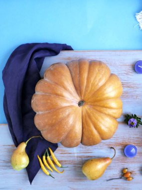 Kabakları çiçekler, mumlar hafif ahşap arka plan, üstten görünüm üzerinde dekoratif sonbahar bileşimi. Tatil, Cadılar Bayramı, sonbahar sezon