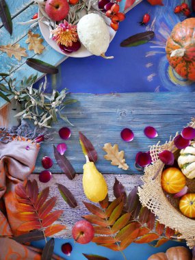 Parlak sonbahar yaprakları, kabak, elma ve ahşap bir masa üzerinde gül yaprakları dekoratif mevsimlik kompozisyon yukarıdan görüntülemek, Bahçe, ev, sezon hasat