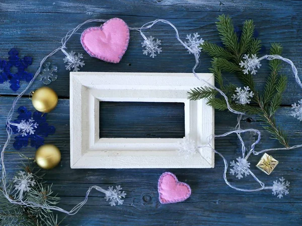 Cadre Bois Blanc Décoré Branches Sapin Éclairage Sapin Avec Flocons — Photo