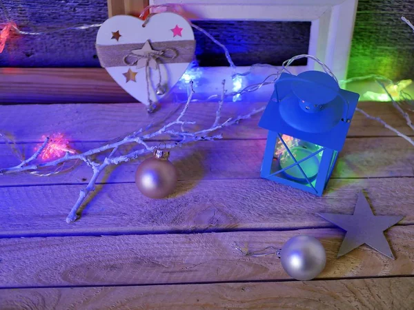 Seasonal Composition Christmas Decor Decorative Lanterns Christmas Tree Illumination Wooden — Stock Photo, Image
