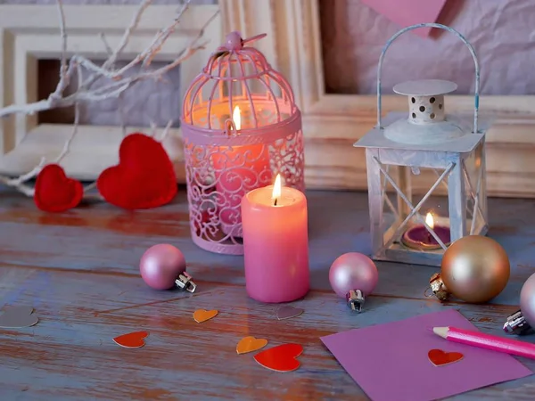 Seasonal Festive Interior Composition Balls Lit Candles Wooden Frames Decorative — Stock Photo, Image