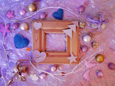  Gümüş Kağıt boş bir ahşap vintage çerçeve, Noel dekorasyon, el yapımı el yapımı dekorasyonu için kış mevsim tatil tebrikler, üzerinde arka plan ışık, görünümü top