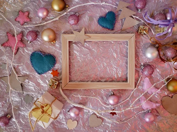 Sobre Papel Plateado Marco Vintage Madera Vacío Decoración Navidad Decoración —  Fotos de Stock