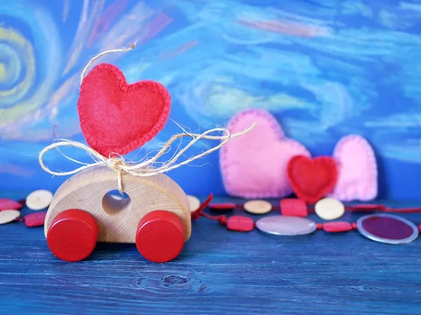 Decorative Composition Toy Car Heart Made Felt Background Pastel Drawing — Stock Photo, Image