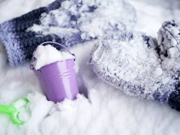 Woolen Mittens Snow Toy Bucket Shovel Snow Seasonal Winter Holidays — Stock Photo, Image