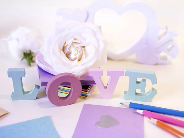 Love Word Volumetric Letters Roses Notebook Pencilson Light Background Concept — Stock Photo, Image