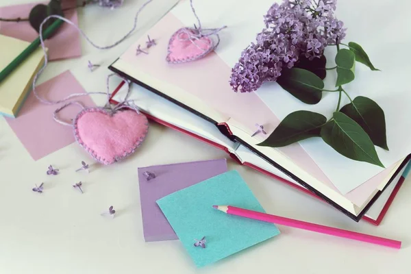 Open Books Bookmarks Hearts Paper Pencils Branches Lilac Flowers Table — Stock Photo, Image
