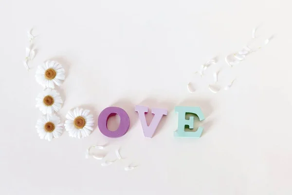 Word Love Wooden Letters Flowers Petals Light Background Top View — Stock Photo, Image