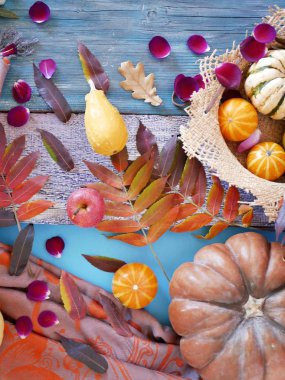 Kabaklar, sonbahar yaprakları, yaprakları, ahşap bir masada elma, hasat mevsimi, bolluk, sağlıklı gıda