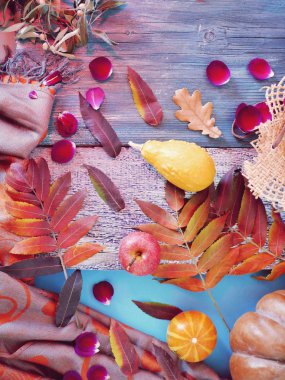 Kabaklar, sonbahar yaprakları, yaprakları, ahşap bir masada elma, hasat mevsimi, bolluk, sağlıklı gıda