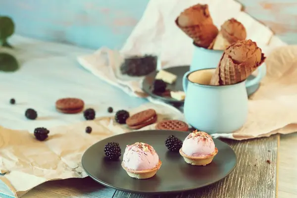 Chocolate Ice Cream Wafer Cones Cookies Berries Wooden Table Dessert — Stock Photo, Image