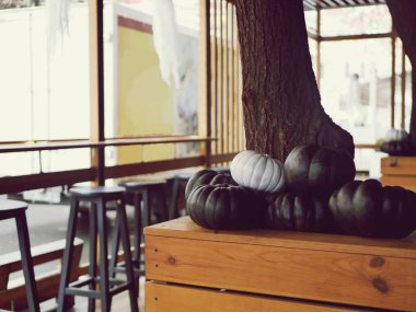 Halloween dekor ile açık kafe, tatil için hazırlık, sonbahar, Ekim
